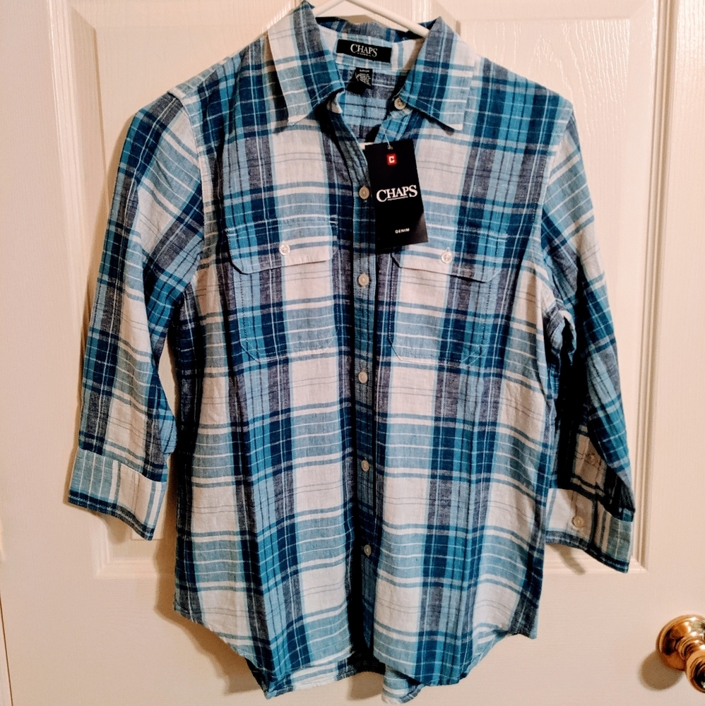 Chaps Blue Plaid 3/4 Sleeve Shirt